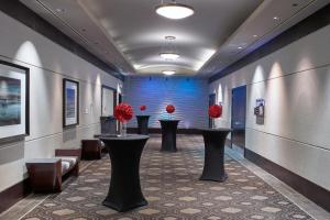 埃德蒙顿三角洲埃德蒙顿中心酒店的走廊上设有两张桌子和蓝色的墙壁