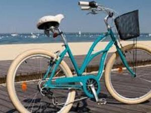 阿卡雄Appartement Arcachon, 3 pièces, 4 personnes - FR-1-374-34的停在海滩附近的码头上的一辆蓝色自行车