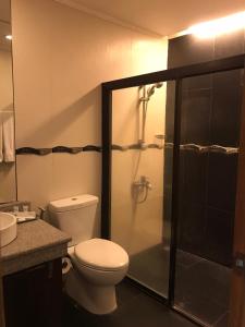 奥隆阿波苏比克大海度酒店的一间带卫生间和玻璃淋浴间的浴室