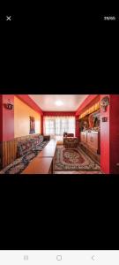 大吉岭Little Singamari Home Stay的大型客厅设有红色的墙壁和地毯