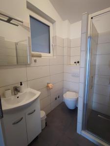 塞尔瑟Apartmani Plaža的一间带水槽、卫生间和淋浴的浴室