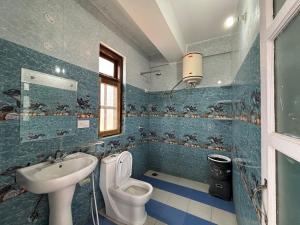 西姆拉Zu-Zu Hostels的蓝色瓷砖浴室设有卫生间和水槽