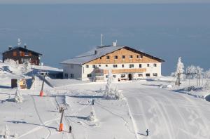 埃本塞博嘎斯霍夫雪绒花酒店的雪覆盖的滑雪坡上的滑雪小屋,设有滑雪缆车