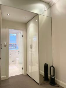 悉尼Stylish apartment in the heart of Potts Point的浴室设有玻璃淋浴间和步入式淋浴间。
