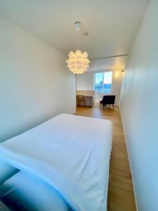 名古屋Villa Monica EAST的卧室配有白色的床和吊灯。