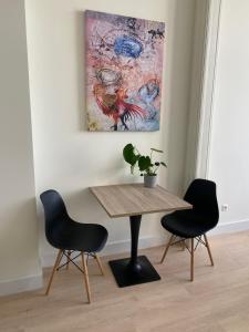布雷达Mastbos Guesthouse Breda的画室里的一张桌子和两把椅子