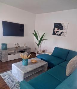 代特莫尔德Detmolder Perle的客厅配有蓝色的沙发和电视