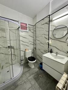 布加勒斯特Darin Hotel的浴室配有卫生间、盥洗盆和淋浴。