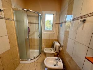 MarantochoriSofias Room的带淋浴、盥洗盆和卫生间的浴室