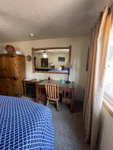 巴斯莱克Stewart Chalet @ Yosemite/Bass Lake的一间卧室配有一张床、一张书桌和一面镜子