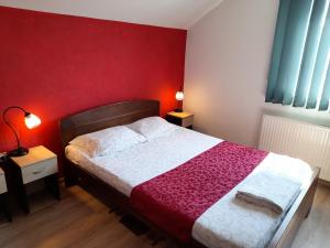 克拉古耶瓦茨Sobe i apartmani Kety的一间卧室配有一张红色墙壁的床