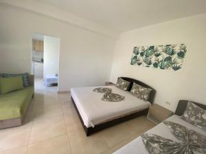 乌尔齐尼Apartments Vila Sara M的一间卧室配有一张床和一张沙发