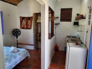 卡诺格布拉达Chalé Flor do ser的一间带水槽和冰箱的小厨房