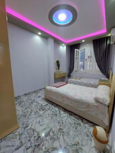 达哈布Oocka stay villas的一间卧室设有一张大床和一个紫色的天花板