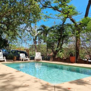 塔马林多Casa Pura Vida Surf Hostel - Tamarindo Costa Rica的庭院内一个带椅子和树木的游泳池