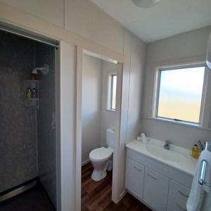 WardFlaxbourne Motels的一间带卫生间、水槽和窗户的浴室