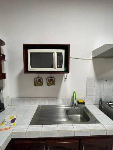 巴克里索莫雷诺港Family Apart Studio的厨房配有水槽和微波炉