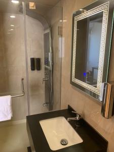 贝鲁特布利斯3000家装公寓的浴室配有盥洗盆和带镜子的淋浴
