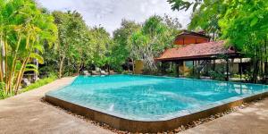 暹粒棕榈村Spa度假酒店的房屋前的大型游泳池