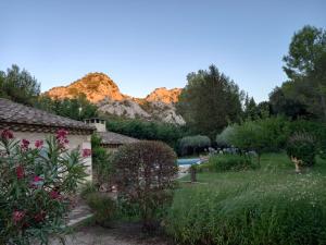 圣雷米普罗旺斯La roulotte du petit paradis的花园的背景是游泳池和山脉