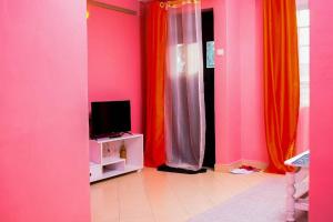 MeruEP Home的一间设有粉红色和橙色窗帘和电视的客房