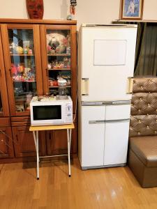 大阪HOSTEL198的冰箱旁的桌子上有一个微波炉