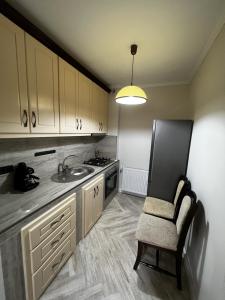 图尔恰Casa moderna situata in zona centrala a orasului的厨房配有水槽和椅子