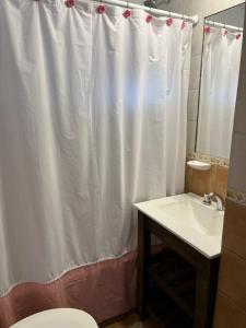 圣罗莎Dpto Pico Alquiler Temporario的浴室设有白色的淋浴帘和水槽