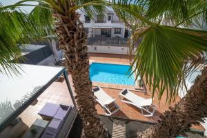 普拉亚布兰卡Villa Ariana Playa Blanca的一个带两把椅子的游泳池,一个棕榈树