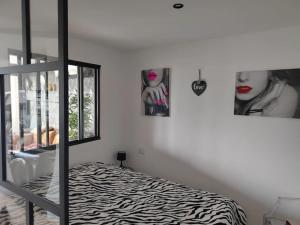 阿格德角Luxe naturist 3 étoiles vue mer D46的卧室配有镜子和斑马印花床