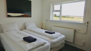 KjarnholtMengi Countryside的带窗户的客房内设有两张单人床。