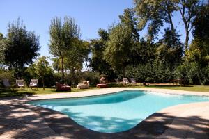 埃斯特雷莫斯蒙特德派塞麦托酒店 - 图里斯默乡村的庭院内的游泳池,带椅子和树木
