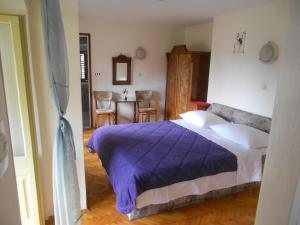 洛夫兰Guesthouse Kuća na šterne的一间卧室配有一张带紫色棉被的床