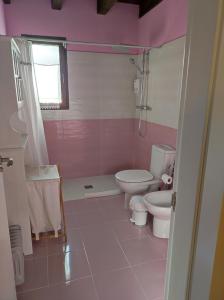 坎皮略德拉纳斯Casa rural La Gata的粉红色的浴室设有卫生间和水槽