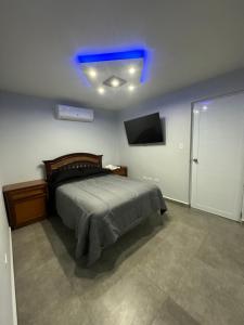 瓜亚马Black Pearl的一间卧室配有一张床,天花板上拥有蓝色的灯光