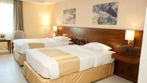 塞拉莱KYRIAD HOTEL SALALAH的一间酒店客房,房间内设有两张床