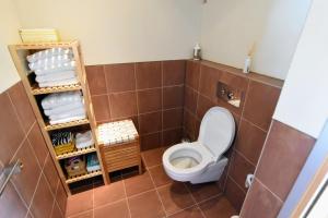 EzingeDe Kinkhoorn的棕色瓷砖客房内的卫生间
