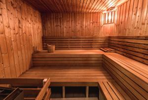科希策布里斯托尔精品酒店的空空的桑拿浴室设有木墙和天花板