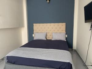 河内Sword lake hostel的一间卧室设有一张蓝色墙壁的大床