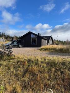 特吕西尔Beautiful cabin close to activities in Trysil, Trysilfjellet, with Sauna, 4 Bedrooms, 2 bathrooms and Wifi的前面有一辆汽车停放的黑房子