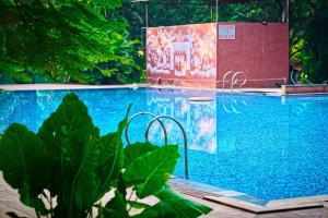 VasindSrushti Farms Resort的拥有蓝色海水和绿色植物的游泳池