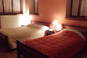 蒂米萨那Traditional House in Dimitsana的酒店客房,设有两张床和一盏灯