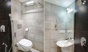 孟买FabExpress The DR Residency的浴室的两张照片,配有卫生间和水槽