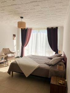 VinzellesLa côte des Blancs - Domaine viticole & maison d'hôtes的一间卧室配有一张大床和紫色窗帘