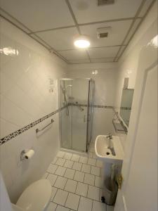 都柏林Gogartys Temple Bar Hostel的带淋浴、卫生间和盥洗盆的浴室