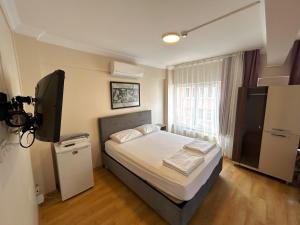 伊斯坦布尔Meydan Pansiyon Uskudar的一间卧室配有一张床和一台电视