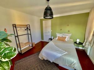 波城Cosy Emeraude - T2 - Centre ville的一间卧室设有一张床和绿色的墙壁