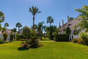 马贝拉AB Properties - Chic House Marbella - 3 mm to Puerto Banús and Beach - Golden Mile - Direct access to Pool and Tropical Garden的棕榈树庭院和房屋