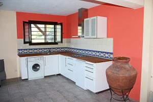 卡尔利拉基塔索斯拉达诺斯公寓的一间厨房,配有红色的墙壁和花瓶