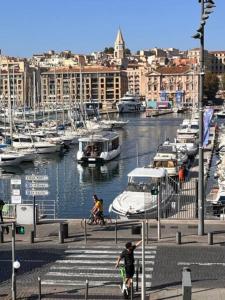 马赛T4 Marseille Vue imprenable sur Vieux Port的骑着自行车的人在码头附近乘船